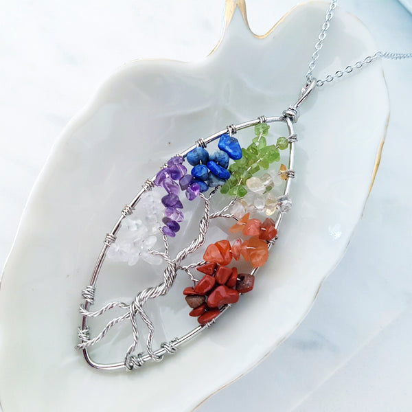 Adore Gems Collection - Seven Chakras Tree of Life Oval Necklace