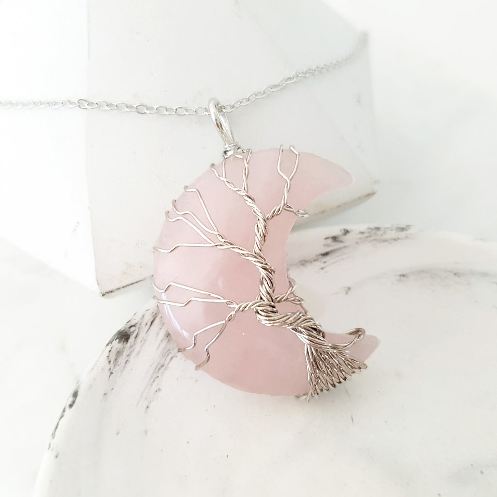 Adore Gems Collection - Rose Quartz Crescent Moon Tree of Life Necklace