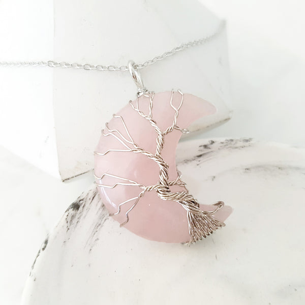 Adore Gems Collection - Rose Quartz Crescent Moon Tree of Life Necklace