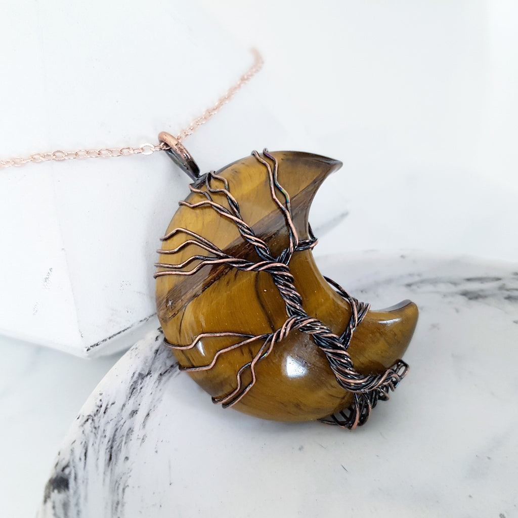 Adore Gems Collection - Tiger Eye Crescent Moon Tree of Life Necklace