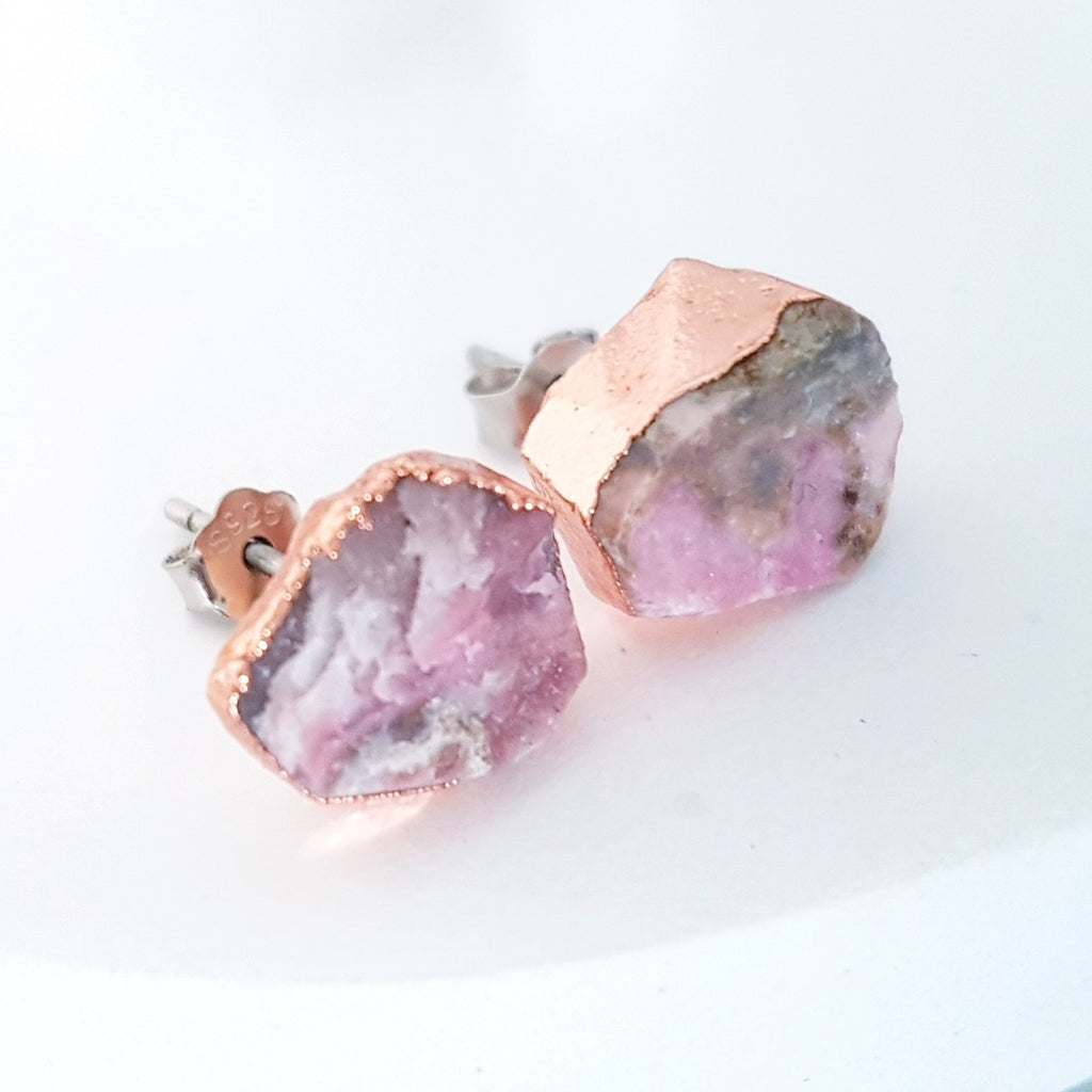 Adore Gemstone Earrings Collection - RAW - Sterling Silver Rose Gold Rhodonite Ear Studs
