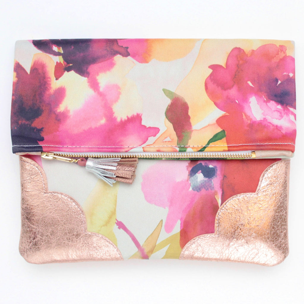 Floral Watercolor Unique Leather Accents Clutch