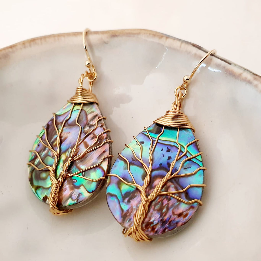 Reserved - Adore Gems Collection - Abalone Shell Tree of Life (Gold) Earrings