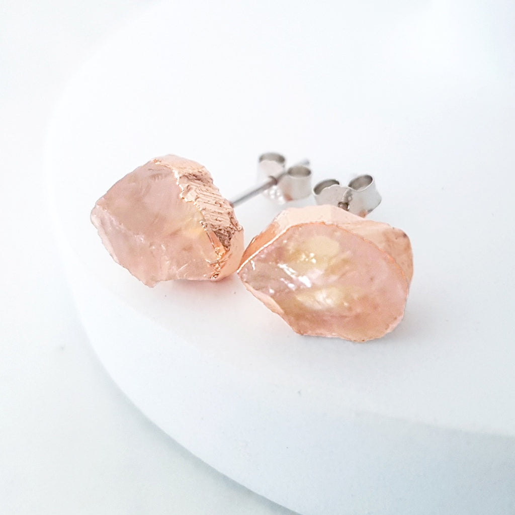 Adore Gemstone Earrings Collection - RAW - Sterling Silver Rose Gold Rose Quartz Ear Studs