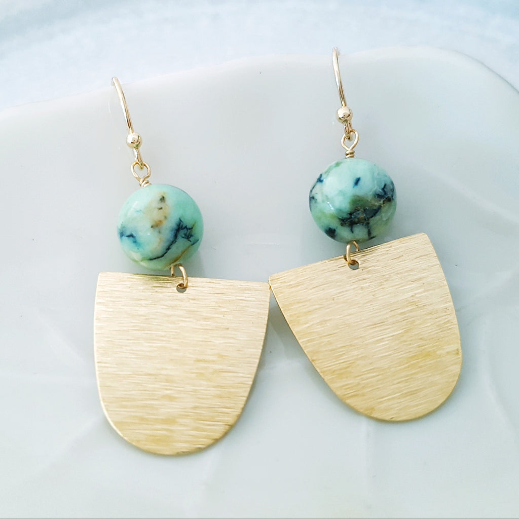 Helios Brass Collection -  Chrysocolla Azurite Crescent Moon Earrings