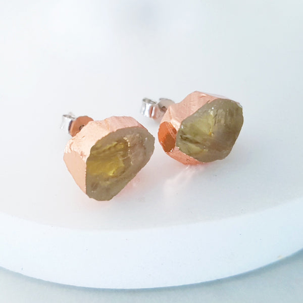 Adore Gemstone Earrings Collection - RAW - Sterling Silver Rose Gold Lemon Quartz Ear Studs