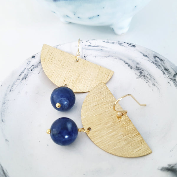 Helios Brass Collection - Lapis Crescent Earrings
