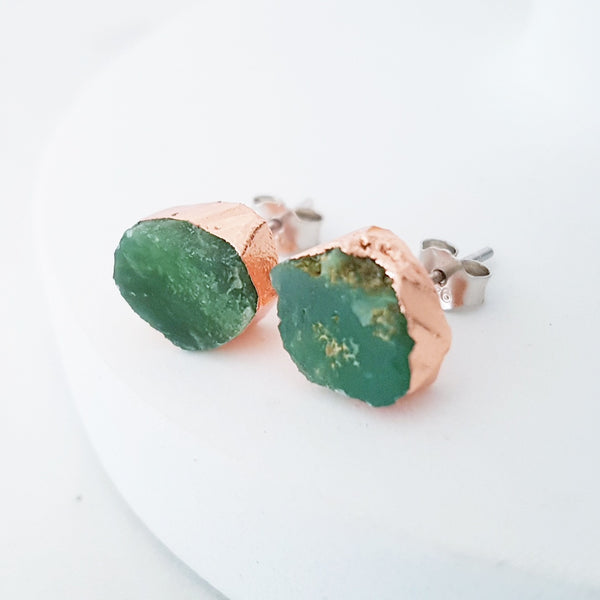 Adore Gemstone Earrings Collection - RAW - Sterling Silver Rose Gold Green Chrysoprase Ear Studs