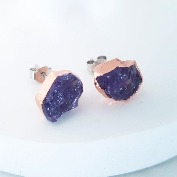 Adore Gemstone Earrings Collection - RAW - Sterling Silver Rose Gold Amethyst Ear Studs