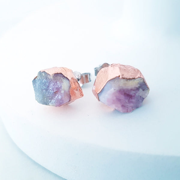 Adore Gemstone Earrings Collection - RAW - Sterling Silver Rose Gold Rose Tourmaline Ear Studs