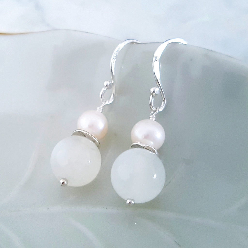 Adore Gems Collection - Sterling Silver Earrings Round Pearl Moonstone